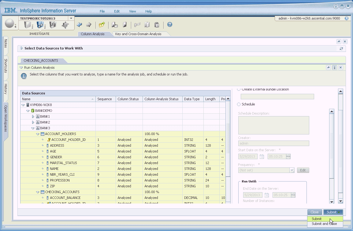 Screenshot van Infosphere Information Analyzer software.