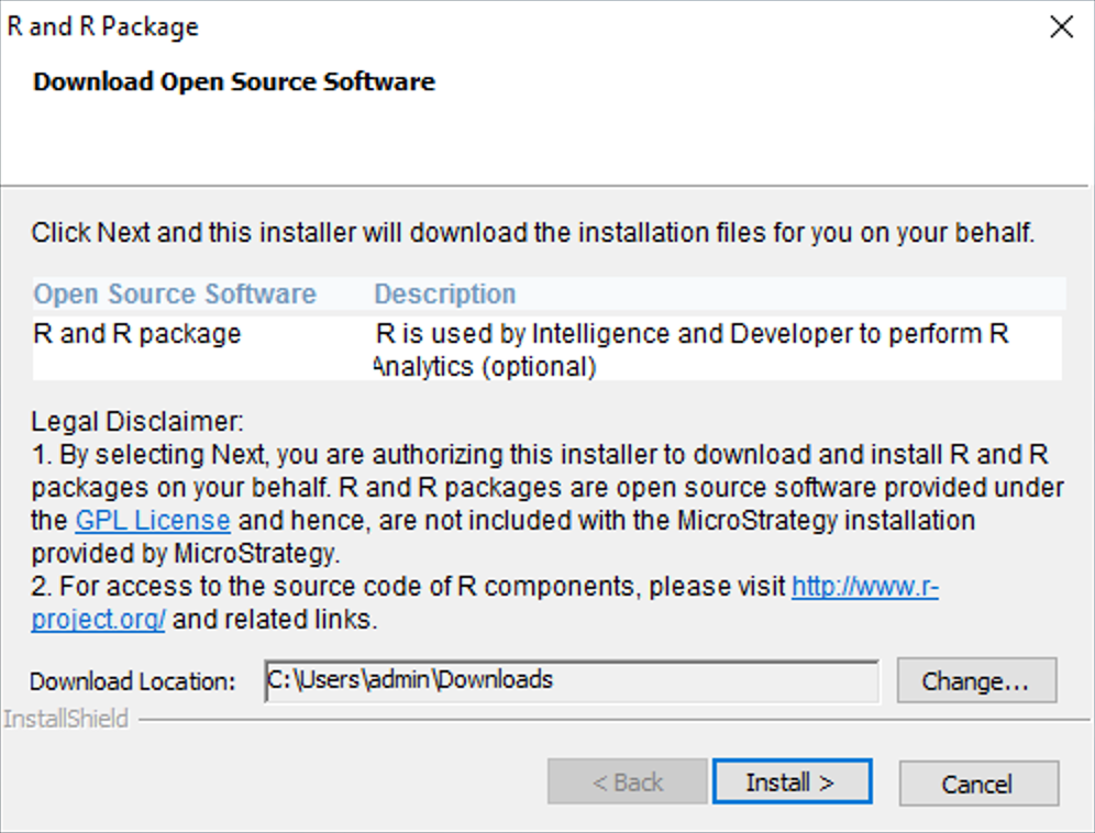 Screenshot van MicroStrategy R Integration Pack software.