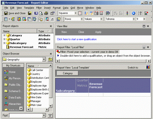 Screenshot van MicroStrategy Web Report Editor software.