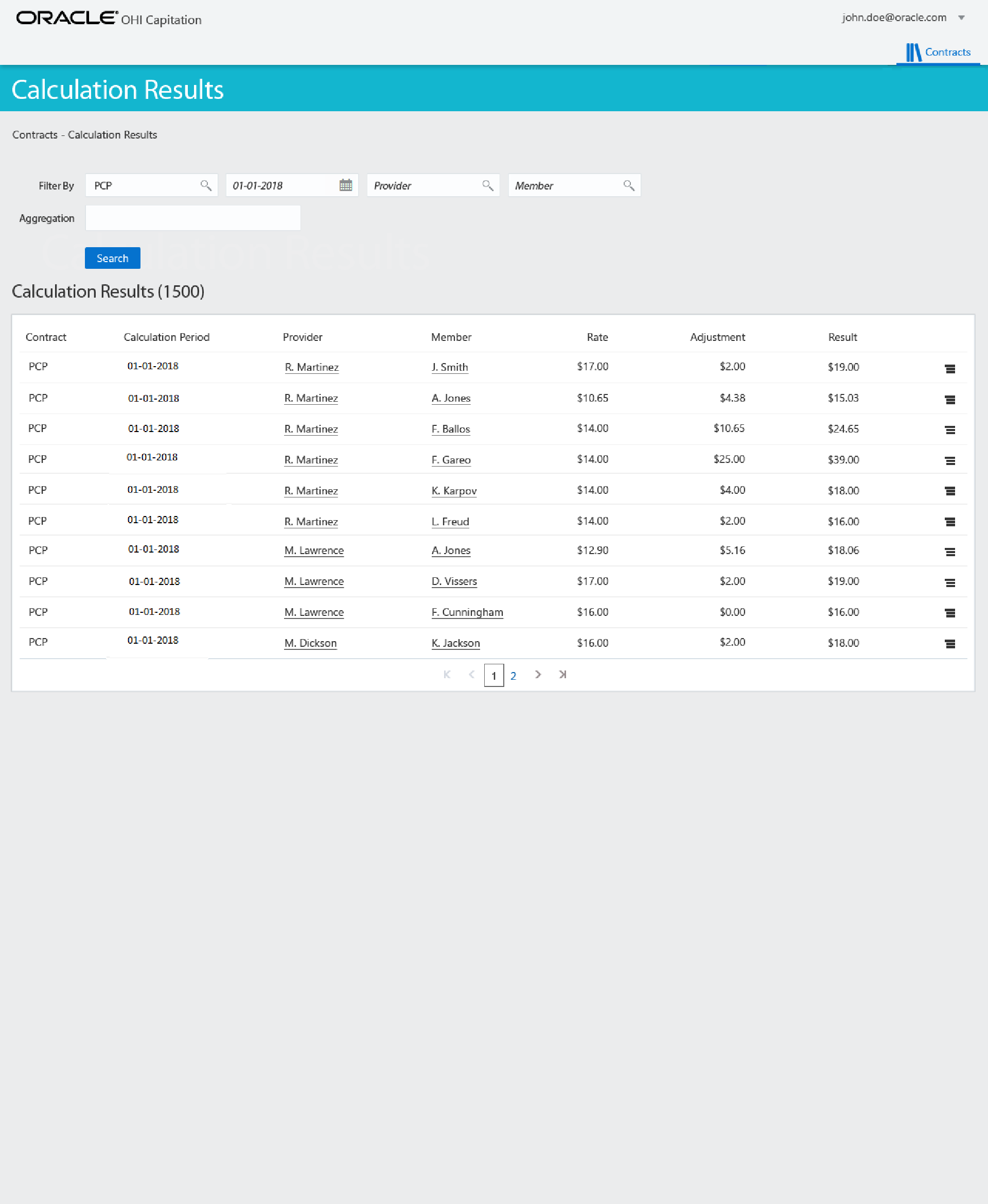 Screenshot van Oracle Health Insurance Analytics software.