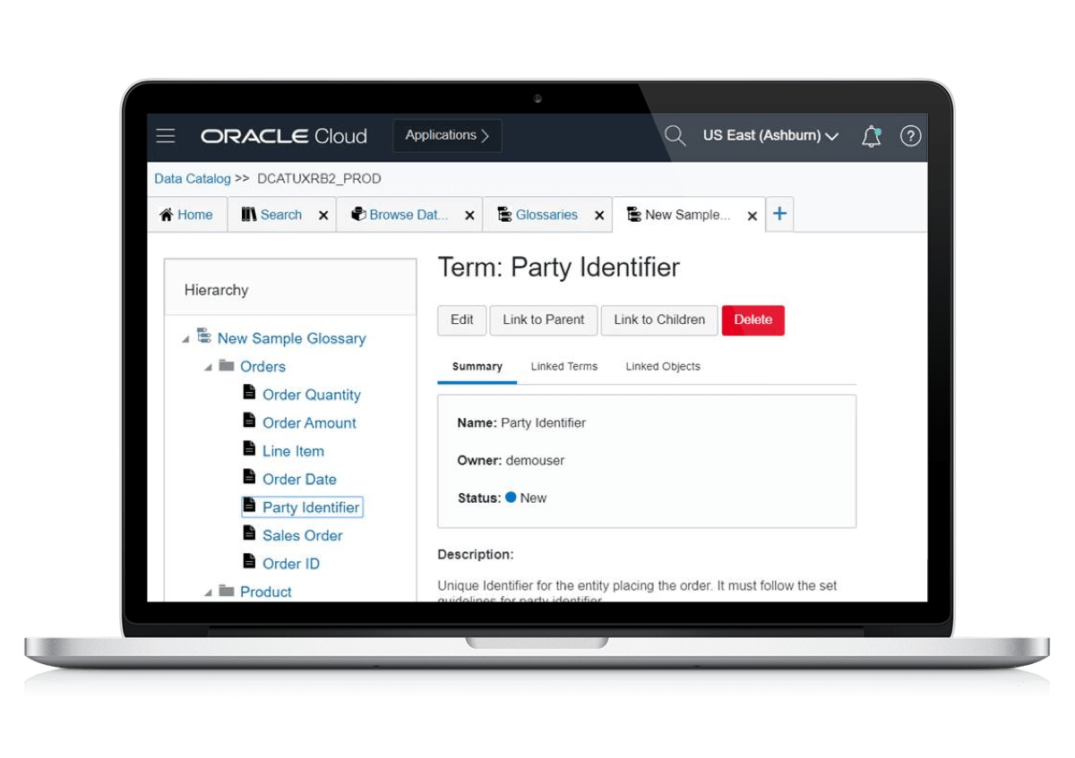 Screenshot van Oracle Data Catalog software.