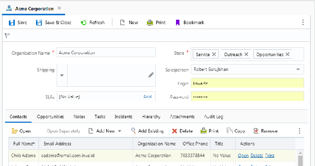 Screenshot van Oracle Service Cloud software.