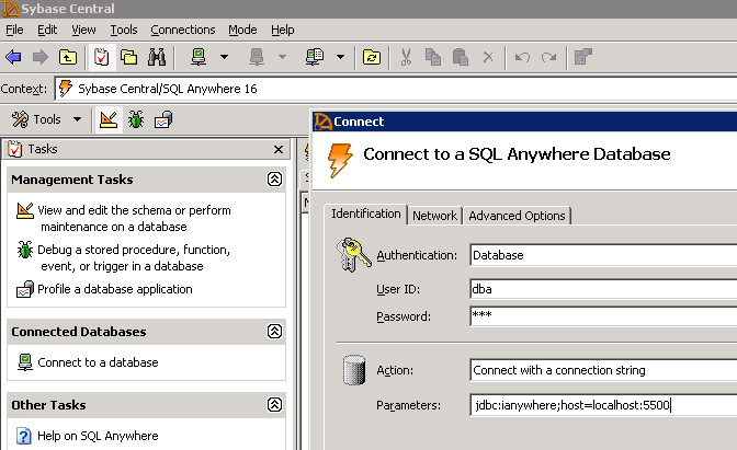 Screenshot van SQL Anywhere software.