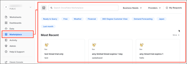 Screenshot van Snowflake Marketplace software.