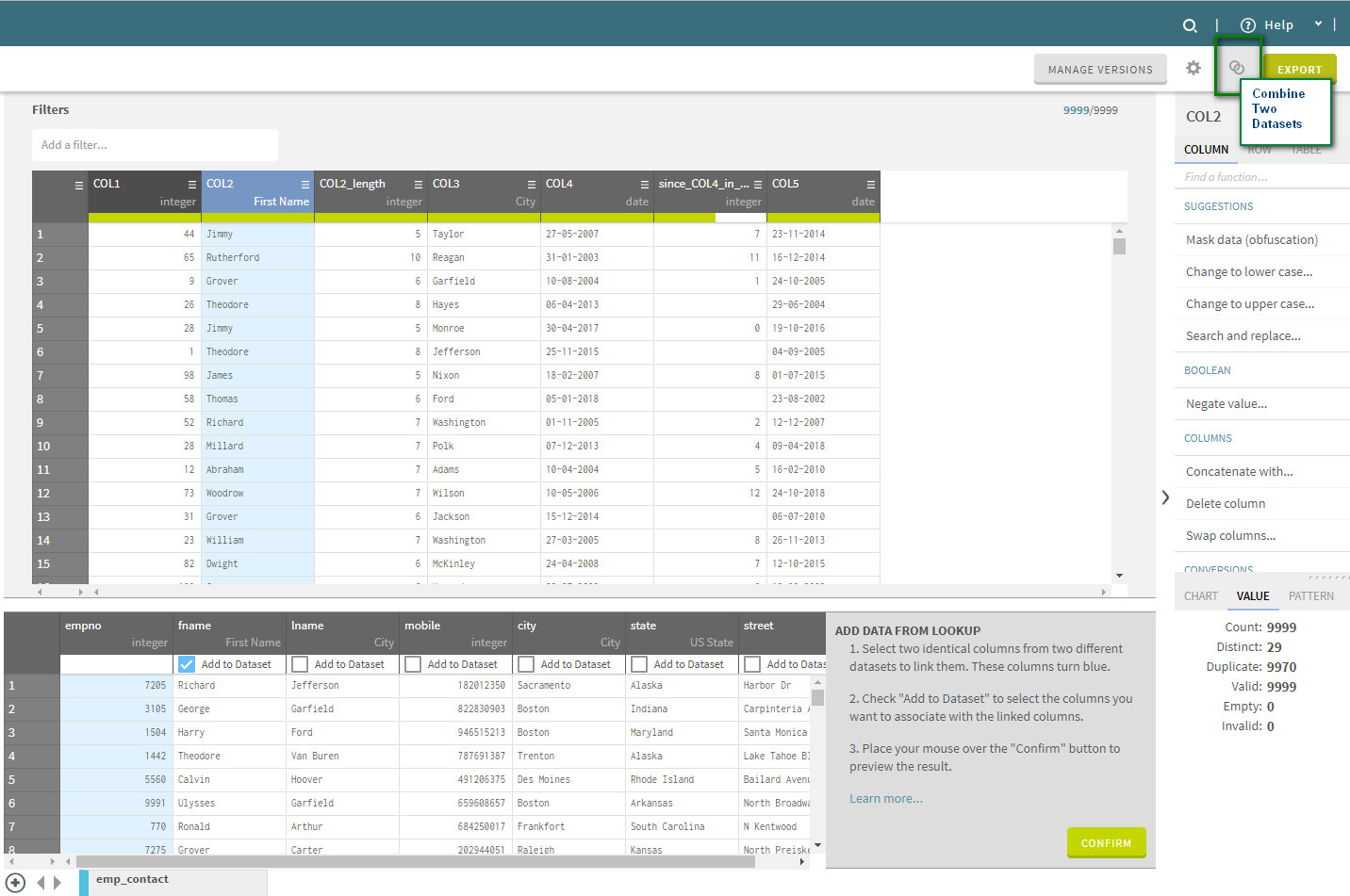 Screenshot van Talend Data Preparation software.